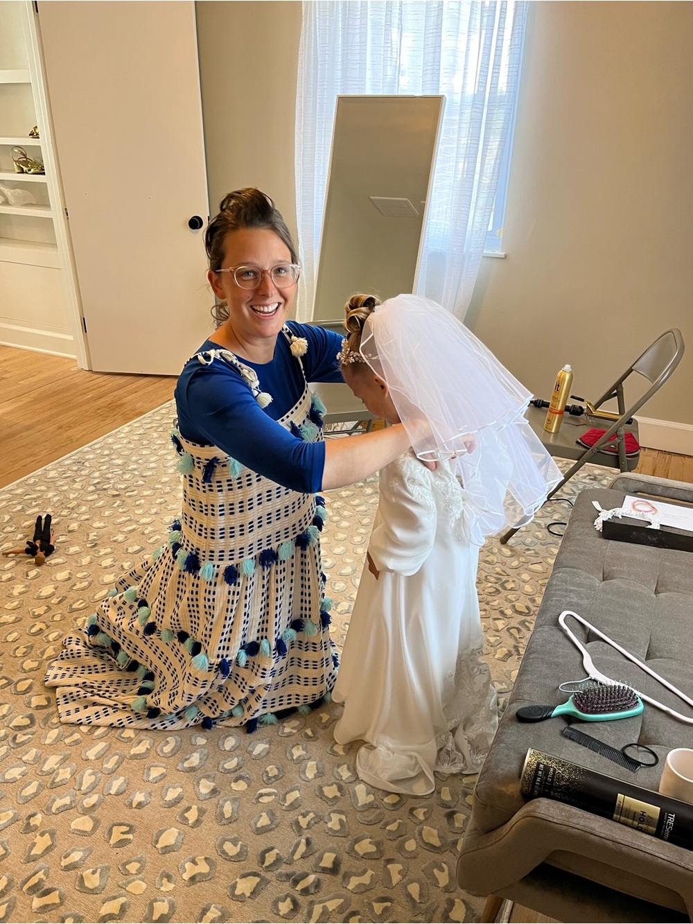 Women's White Maxi Dress with Blue Check and Pom-Pom Trim - Picture 10 of 11